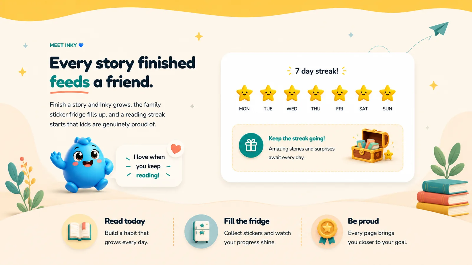 Meet Inky — every story finished feeds a friend, with stickers, streaks and rewards